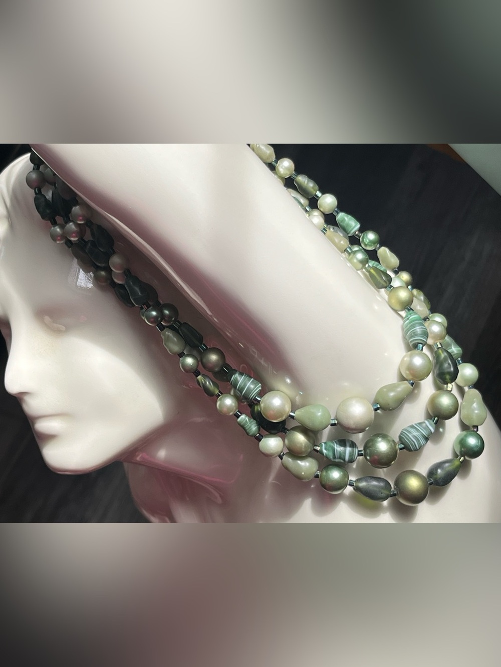 Vintage Japan Multi strand Green Glass & Pearl and Bead Necklace